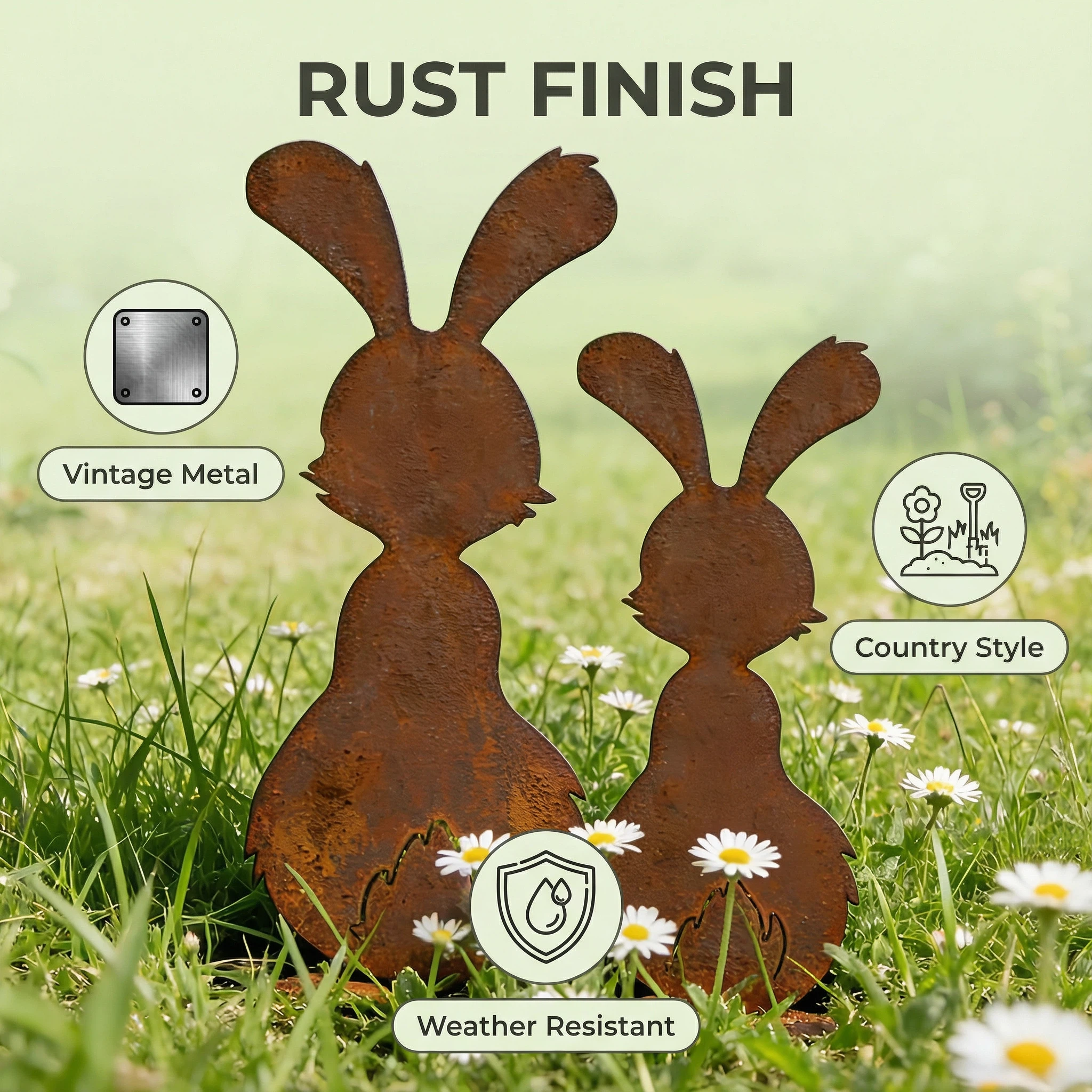 Set of 2 Rustic Metal Bunny Garden Stakes