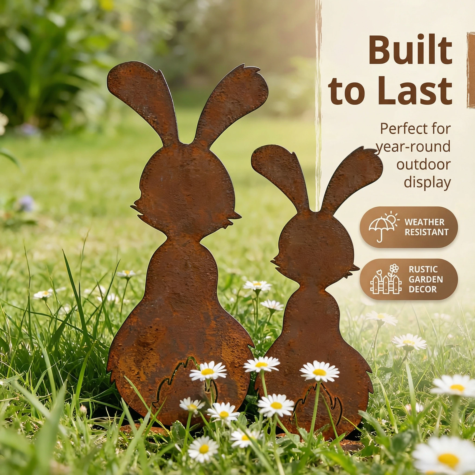 Set of 2 Rustic Metal Bunny Garden Stakes