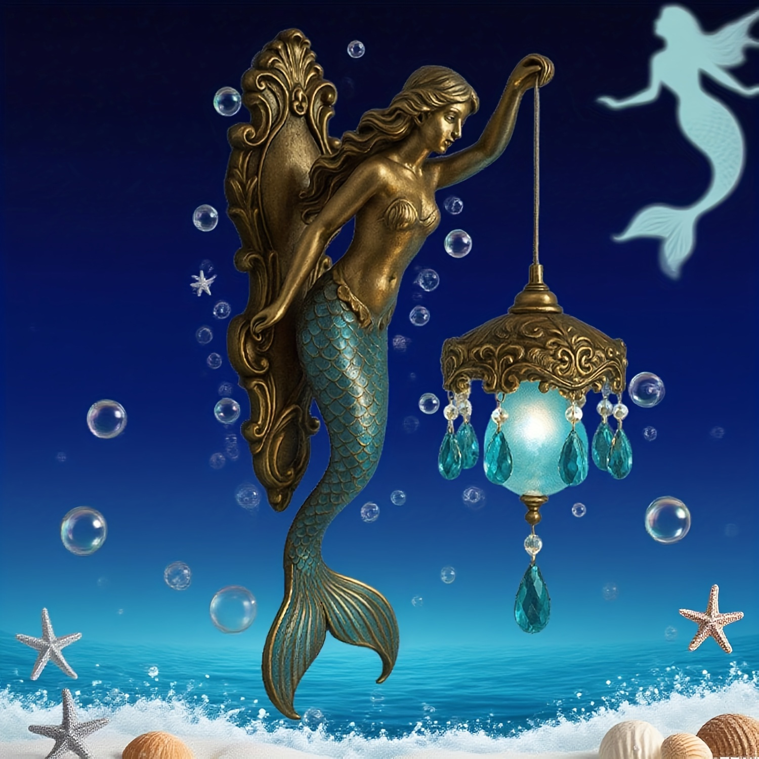 Vintage Bronze Mermaid Wall Lamp with Crystal Droplets