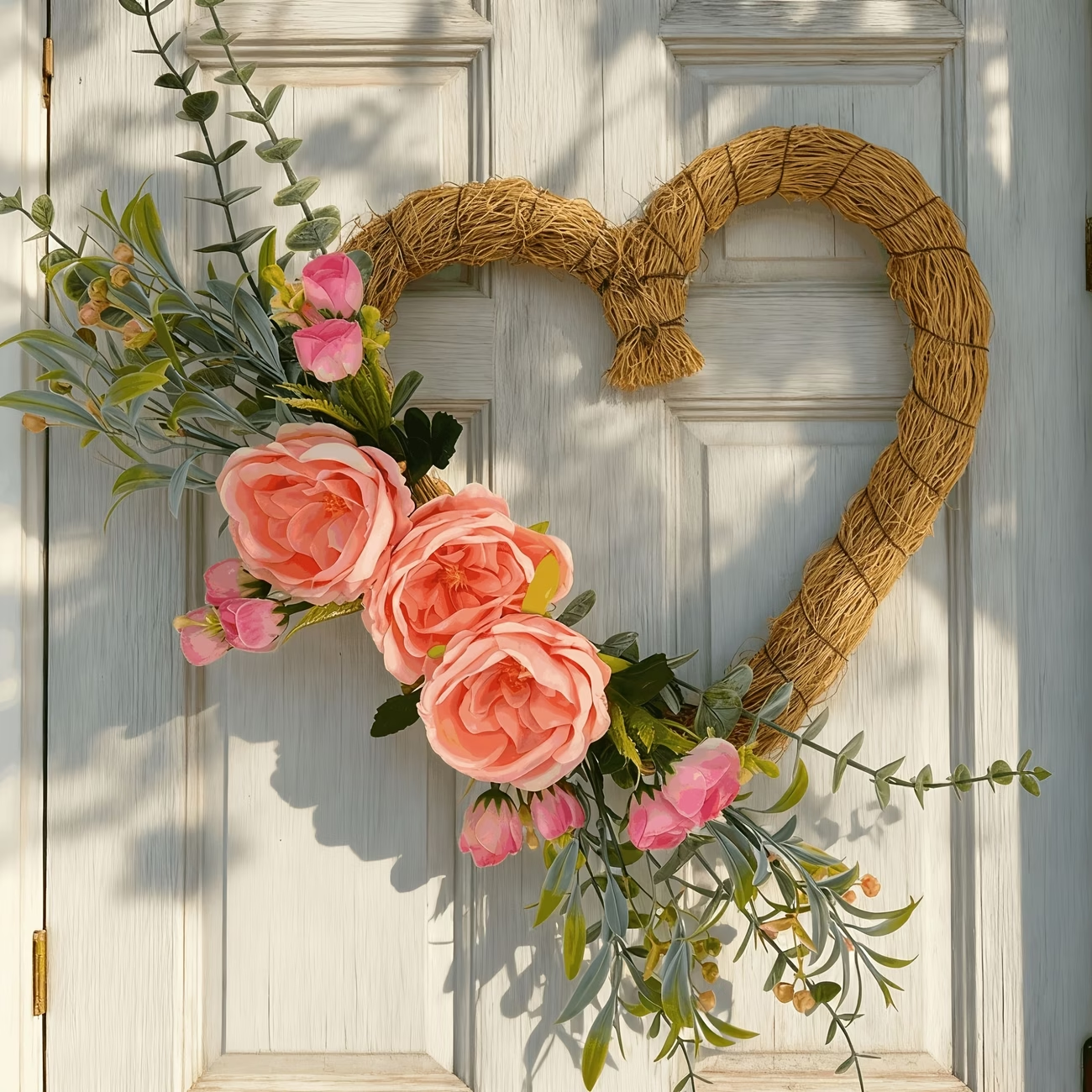 Handmade Heart-Shaped Rattan Wreath with Silk Peony Flowers