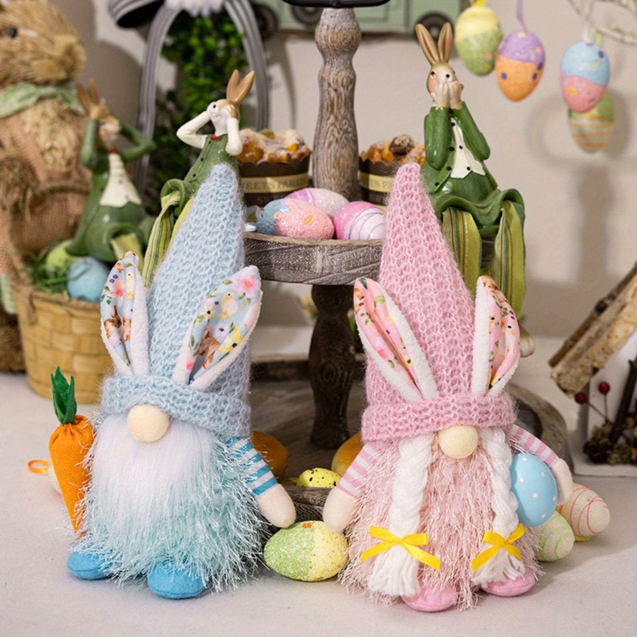 Spring Bunny Gnome Plush Figurines with Knit Hats