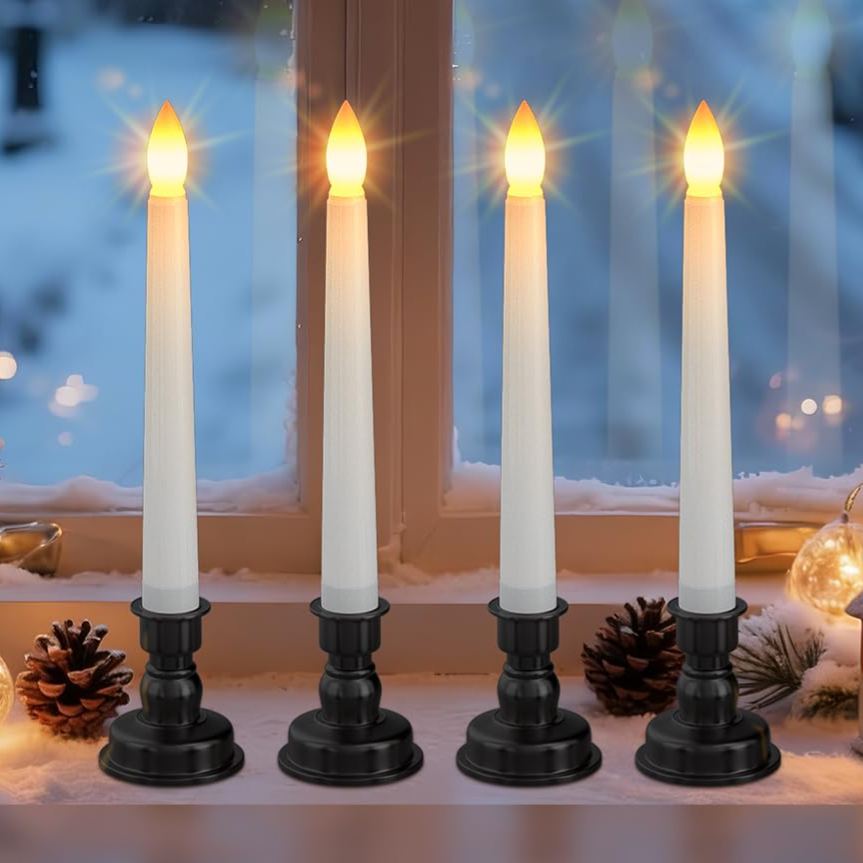 4-Pack Flameless Flickering Christmas Window Candles with Remote & Timer, Black Holders