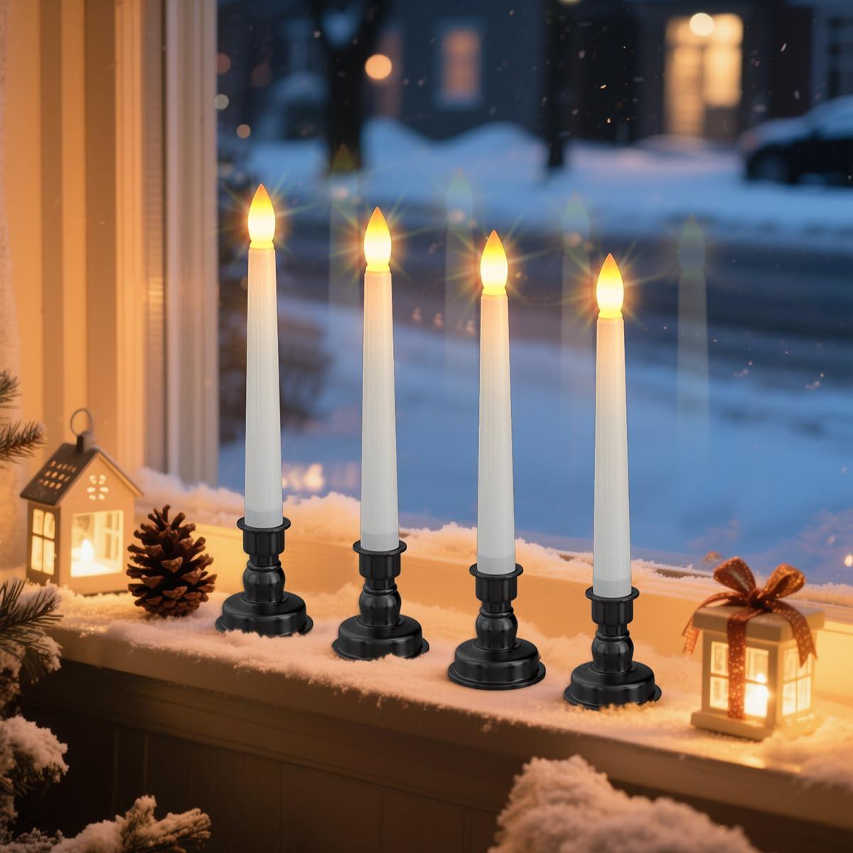 4-Pack Flameless Flickering Christmas Window Candles with Remote & Timer, Black Holders