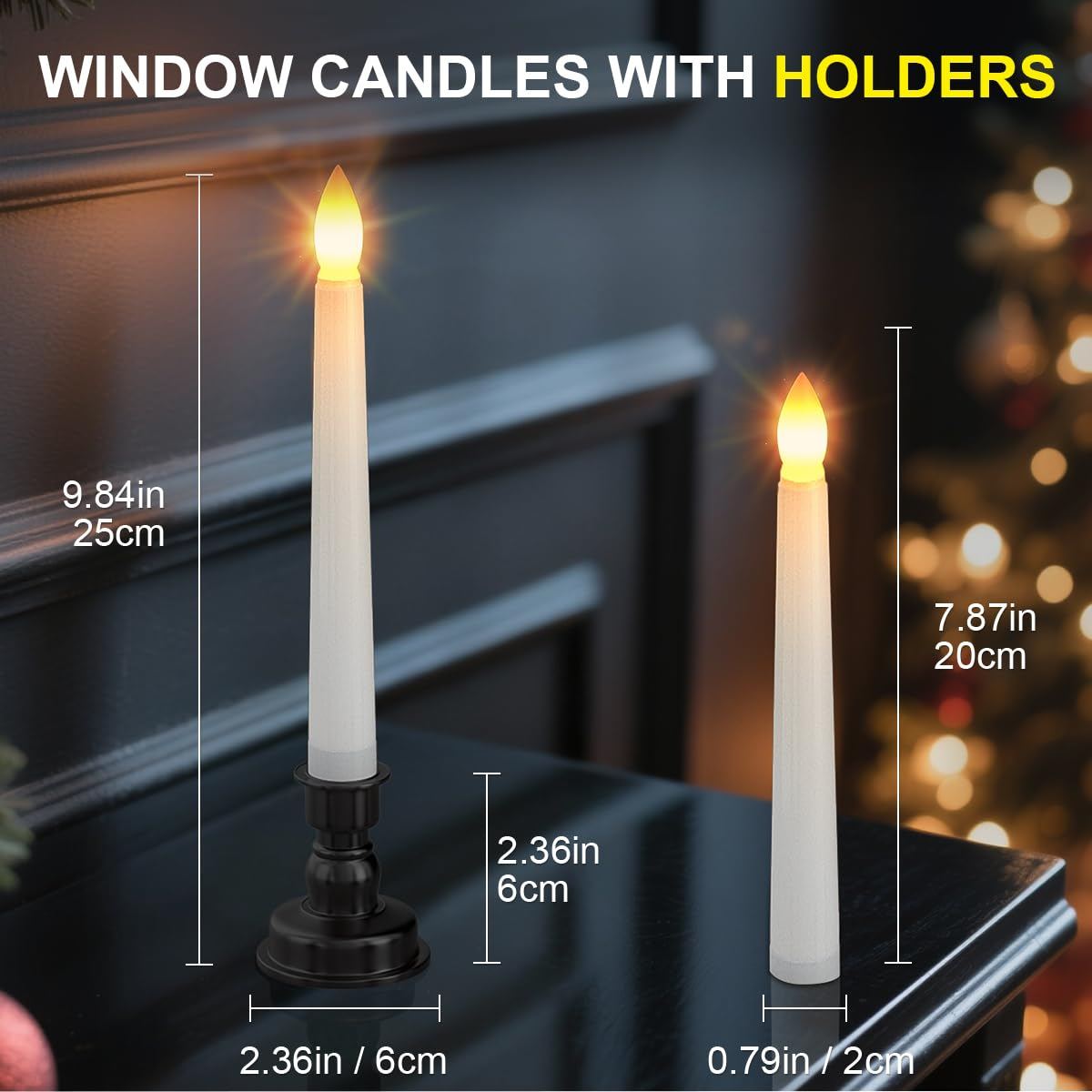 4-Pack Flameless Flickering Christmas Window Candles with Remote & Timer, Black Holders