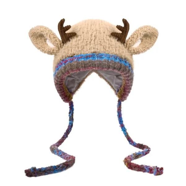 Winter Reindeer Earflap Knit Beanie Hat