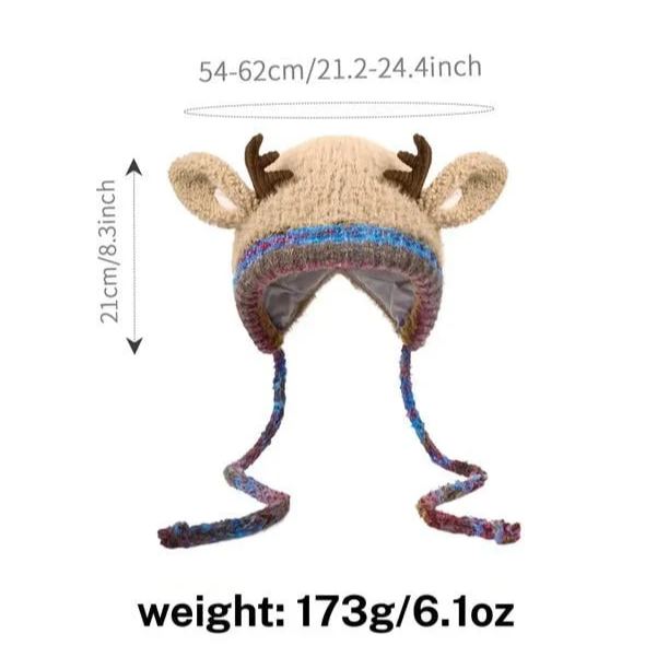 Winter Reindeer Earflap Knit Beanie Hat