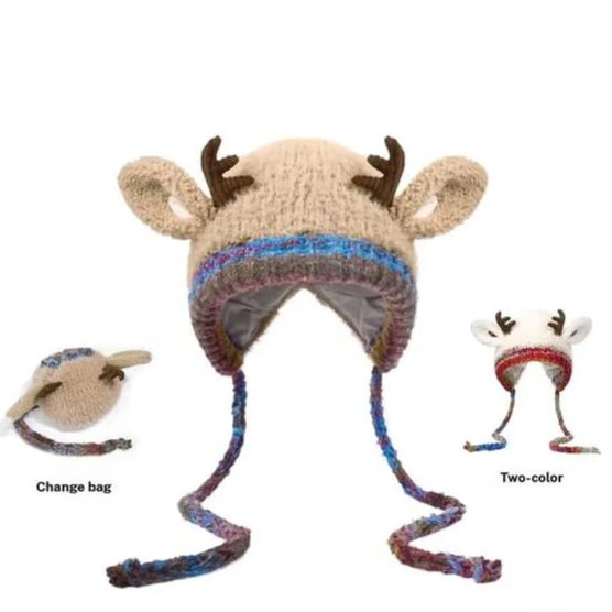 Winter Reindeer Earflap Knit Beanie Hat