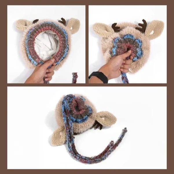 Winter Reindeer Earflap Knit Beanie Hat