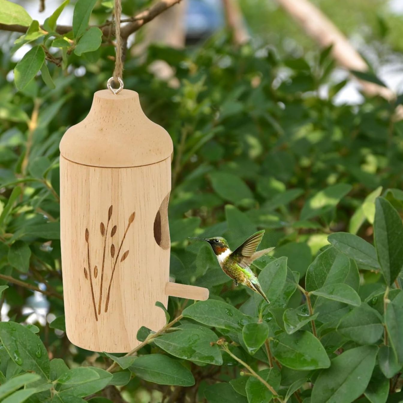 Natural Wooden Hummingbird House for Outdoor Hanging