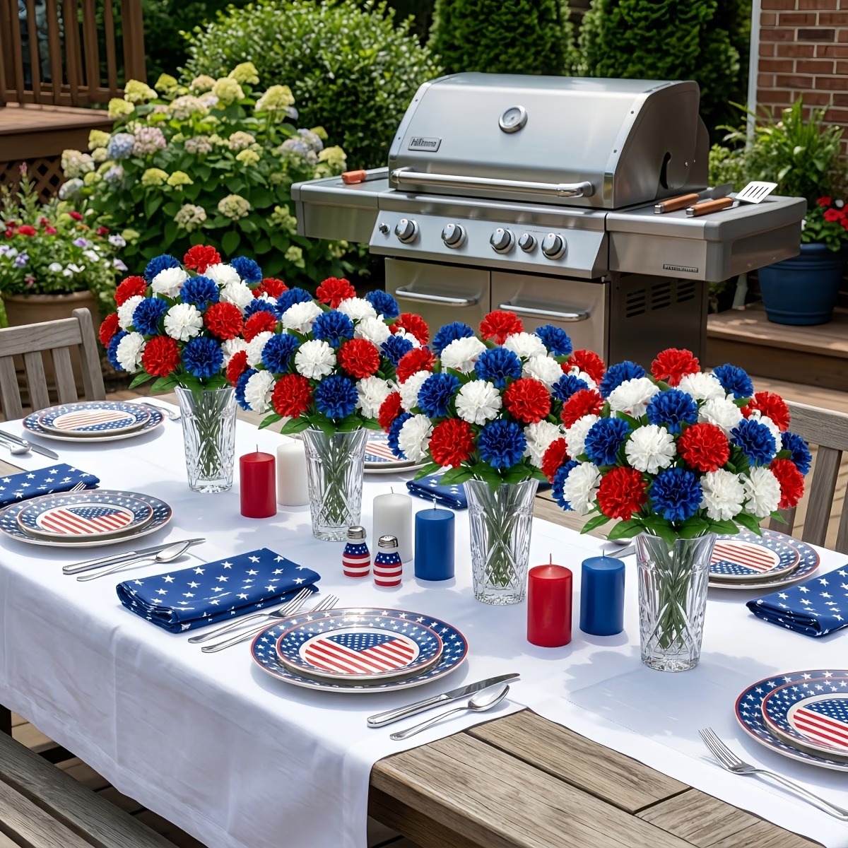 4th of July Red, White & Blue Faux Pompom Mums Bouquet - 5 Bunches