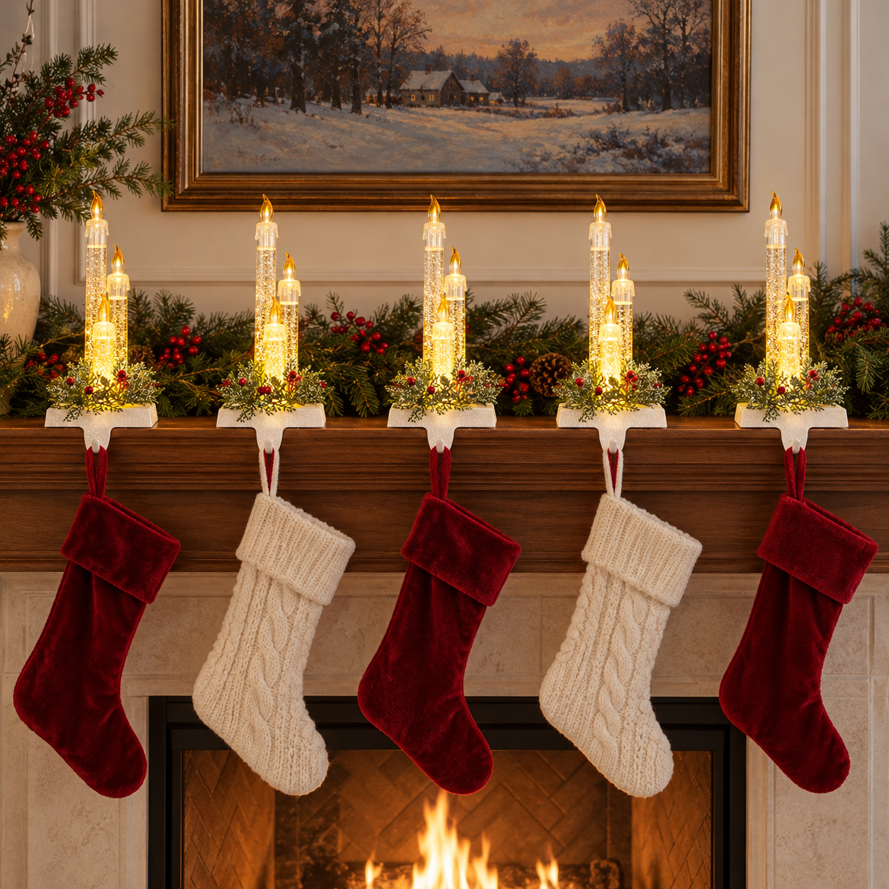9" LED Lighted Candle Christmas Stocking Holder With Pine Sprigs