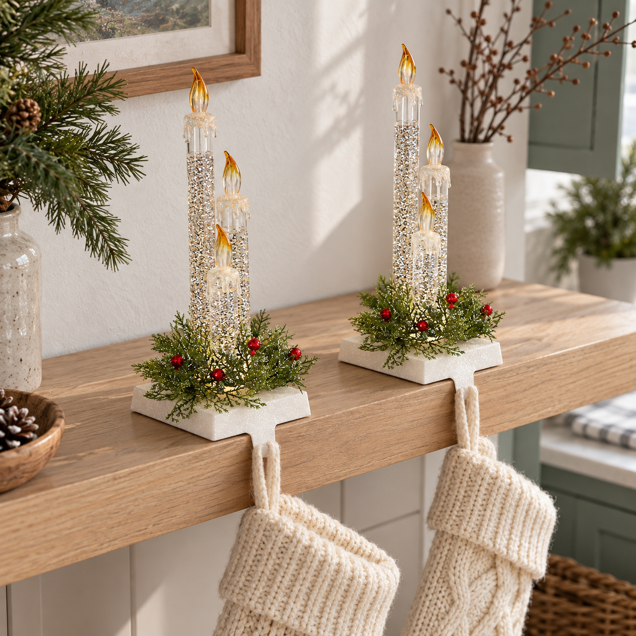 9" LED Lighted Candle Christmas Stocking Holder With Pine Sprigs