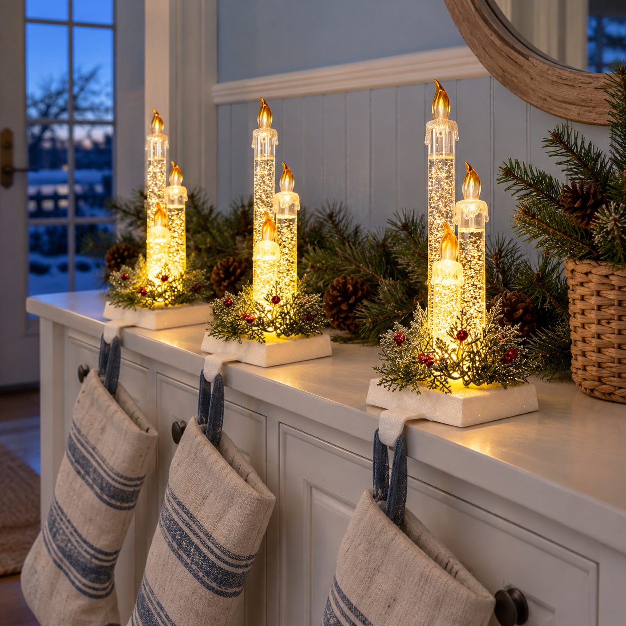 9" LED Lighted Candle Christmas Stocking Holder With Pine Sprigs