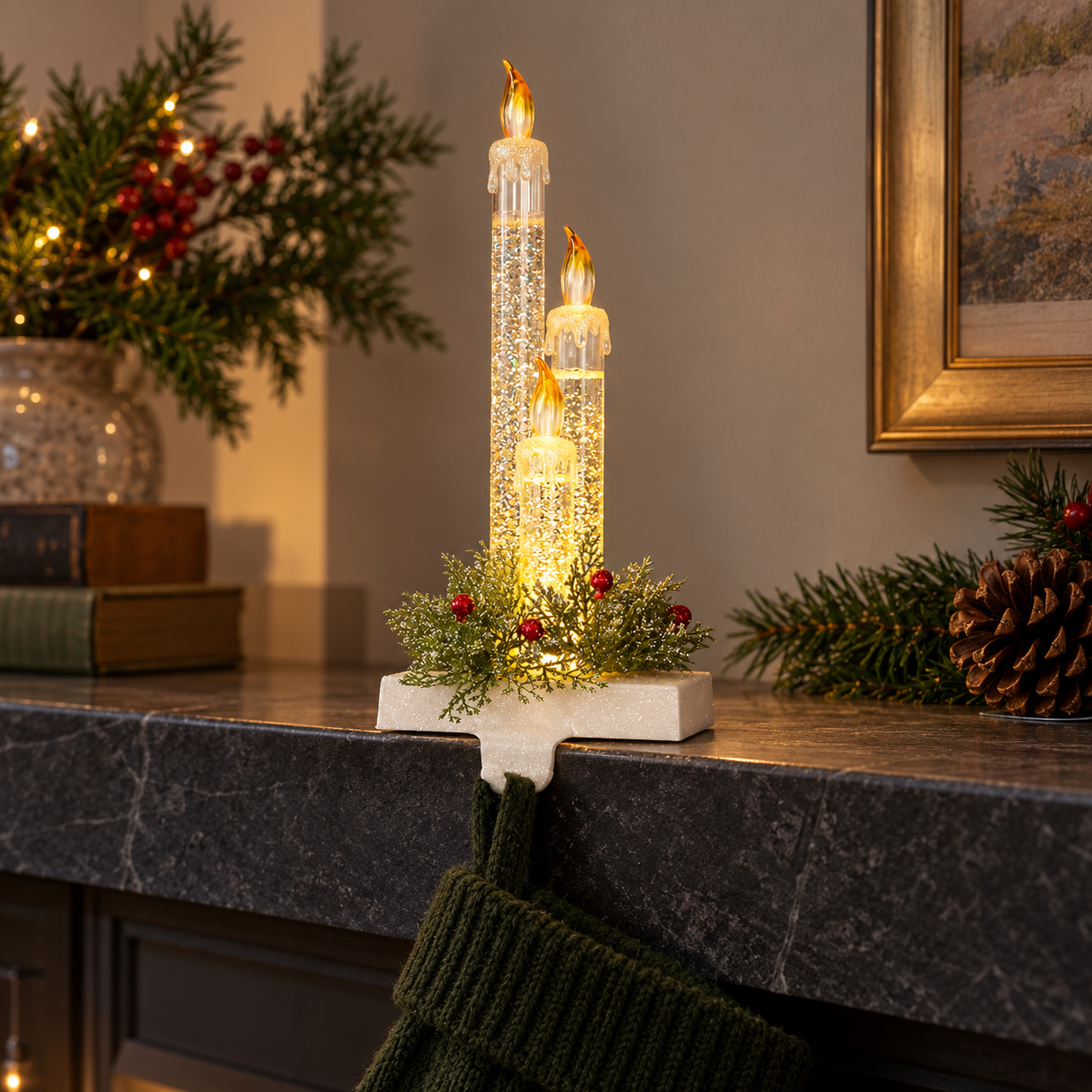 9" LED Lighted Candle Christmas Stocking Holder With Pine Sprigs