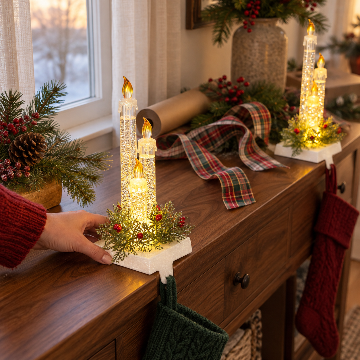 9" LED Lighted Candle Christmas Stocking Holder With Pine Sprigs