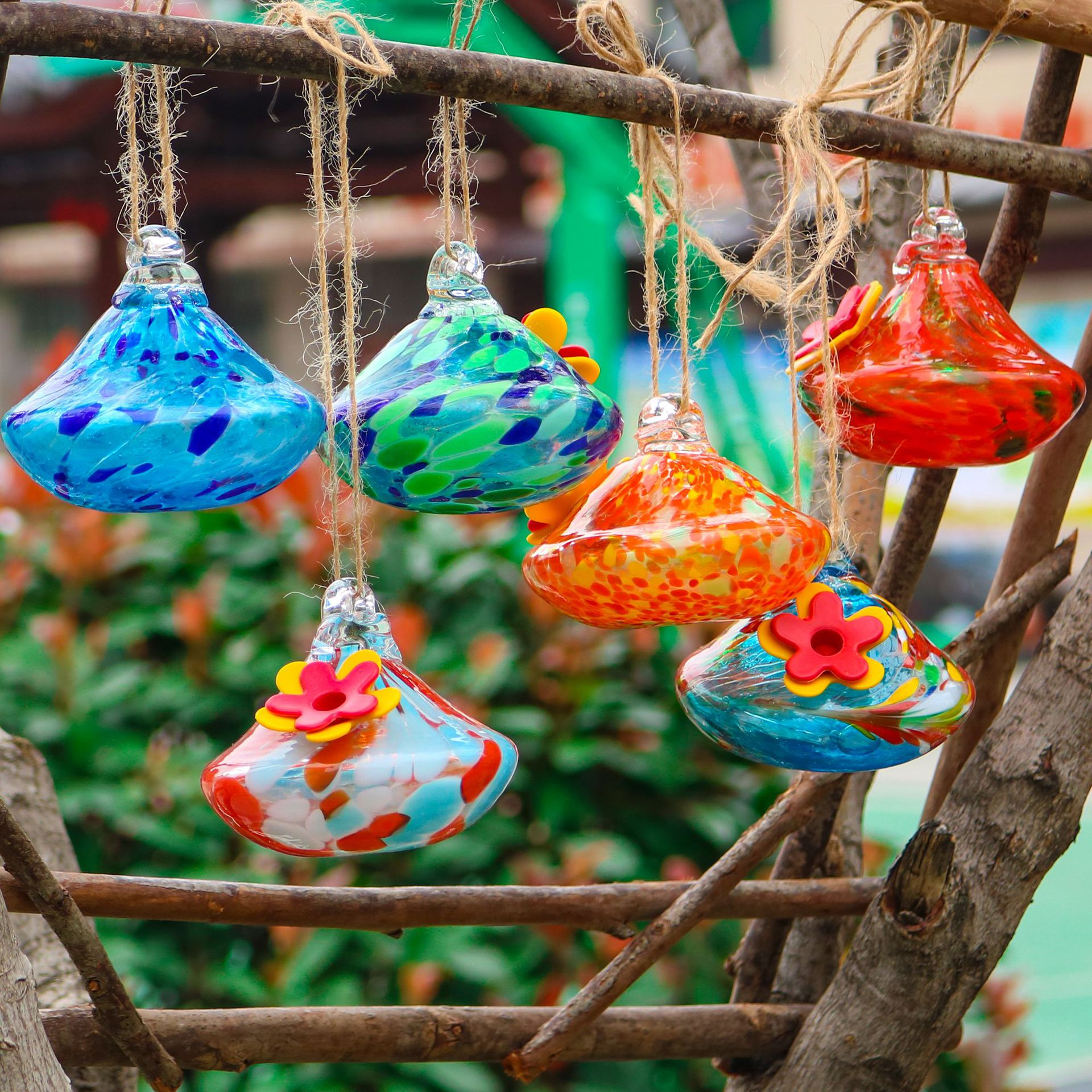 Hand-Blown Glass Hummingbird Feeder