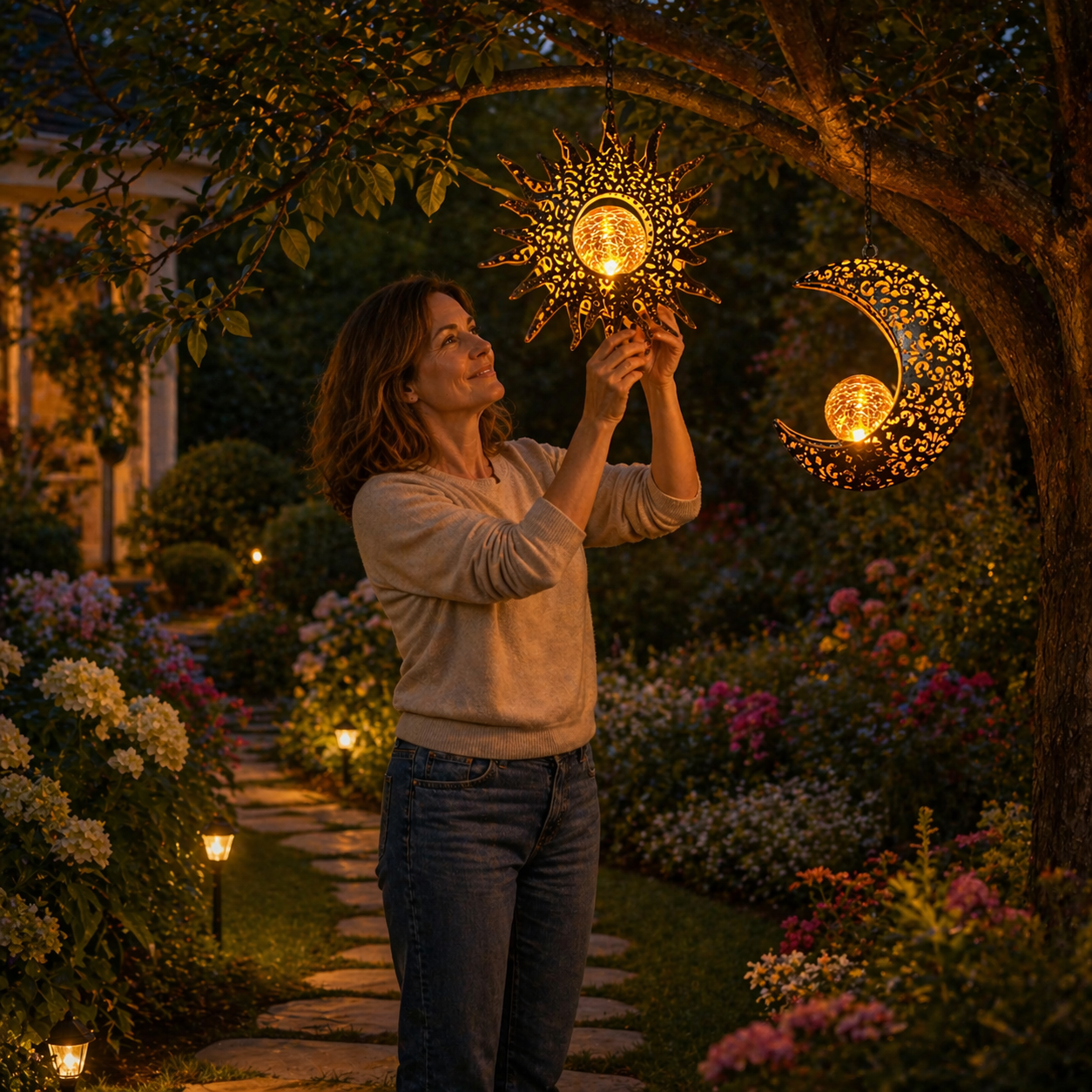 Celestial Glow Solar Sun & Moon Hanging Garden Lanterns