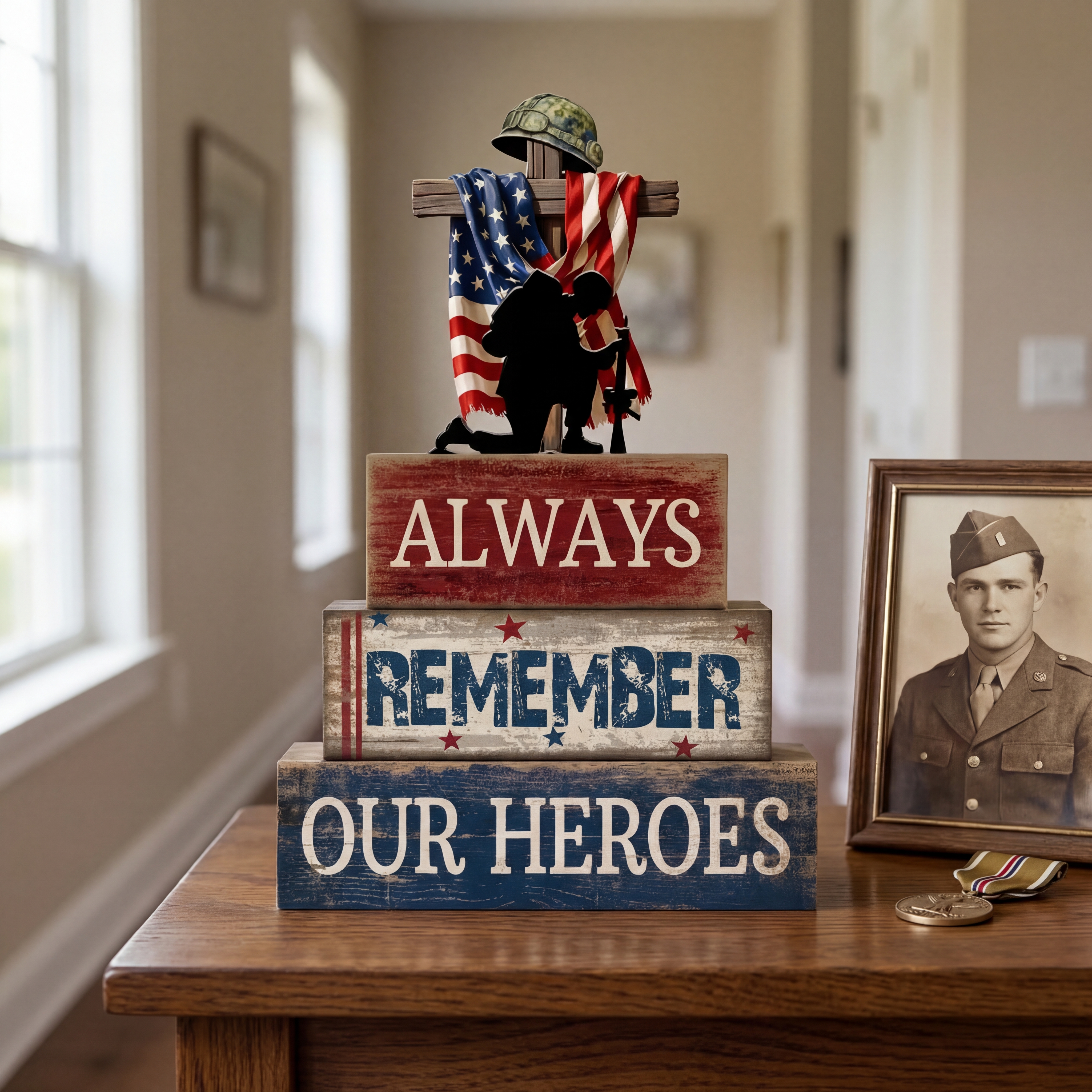 Always Remember Our Heroes Memorial Wooden Block Decor