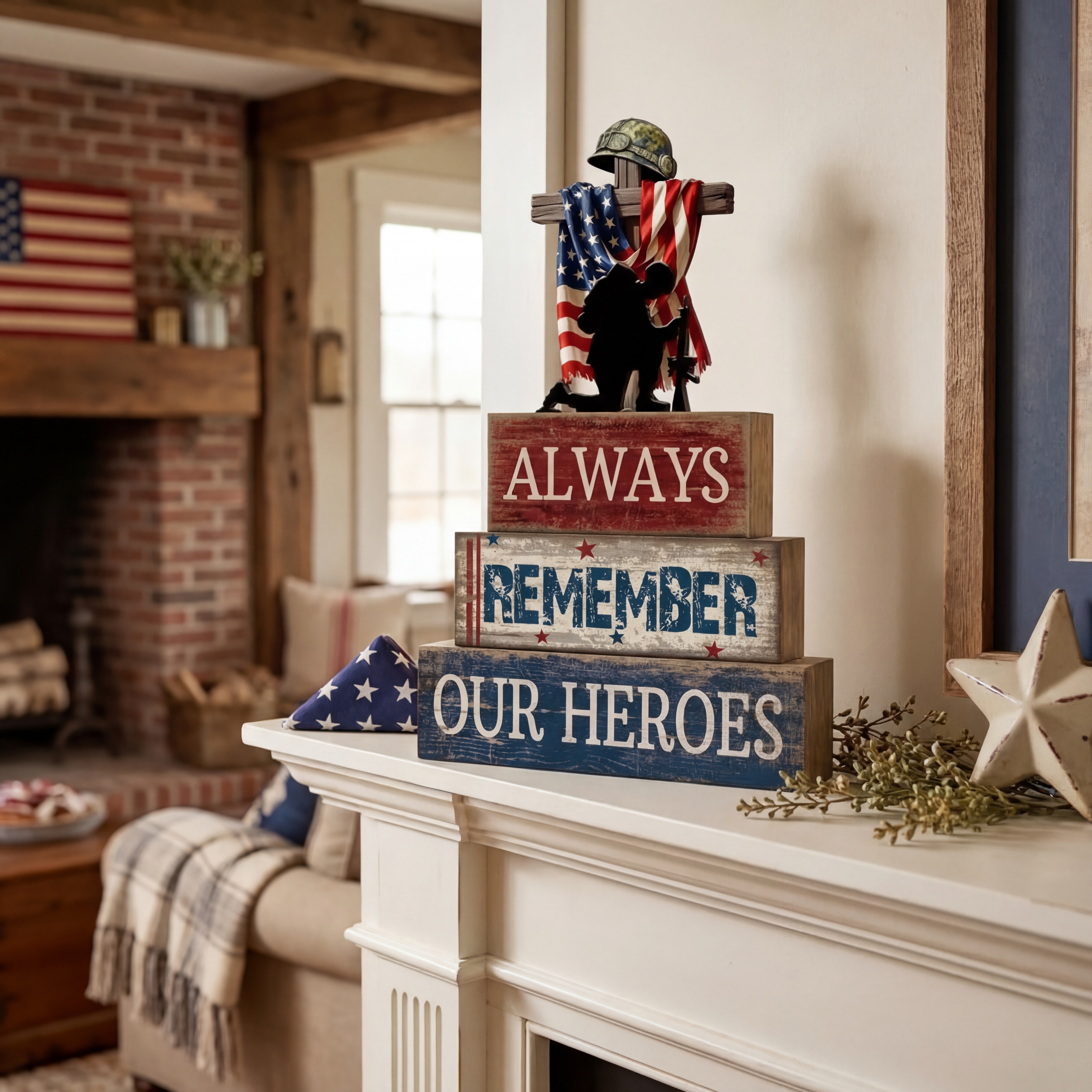 Always Remember Our Heroes Memorial Wooden Block Decor