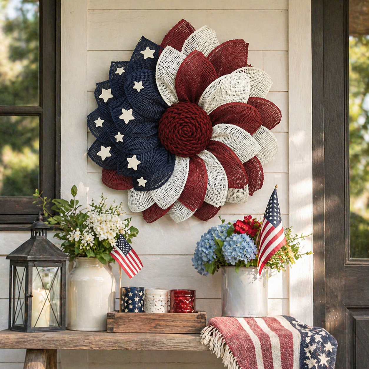 Patriotic Burlap Flower Wreath