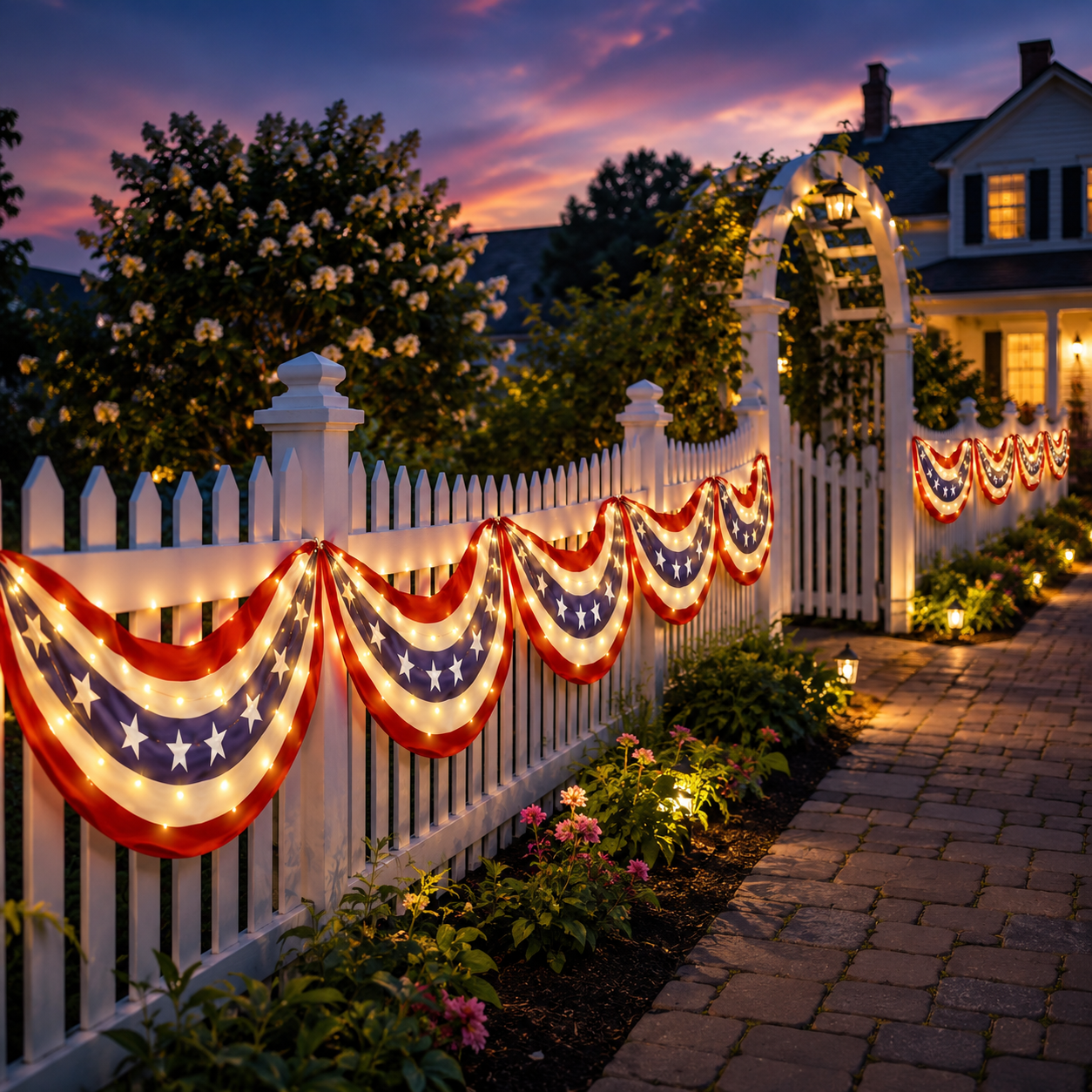 2-Pack Lighted Patriotic American Flag Bunting Banner For Outdoor 4th Of July Decor
