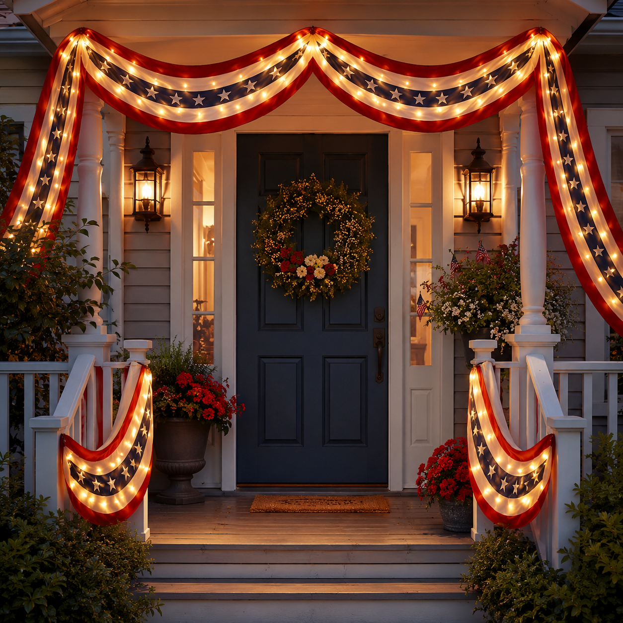 2-Pack Lighted Patriotic American Flag Bunting Banner For Outdoor 4th Of July Decor