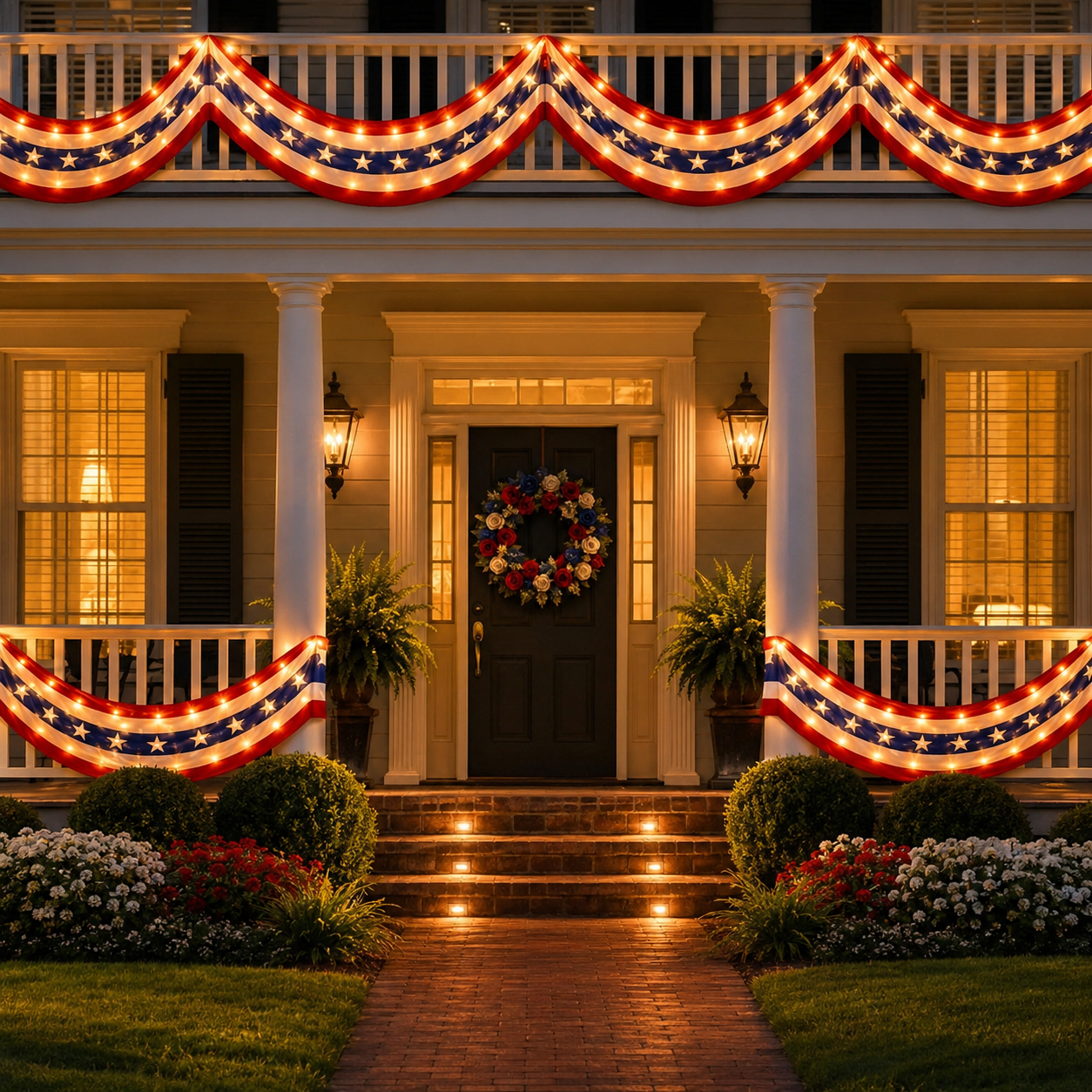 2-Pack Lighted Patriotic American Flag Bunting Banner For Outdoor 4th Of July Decor