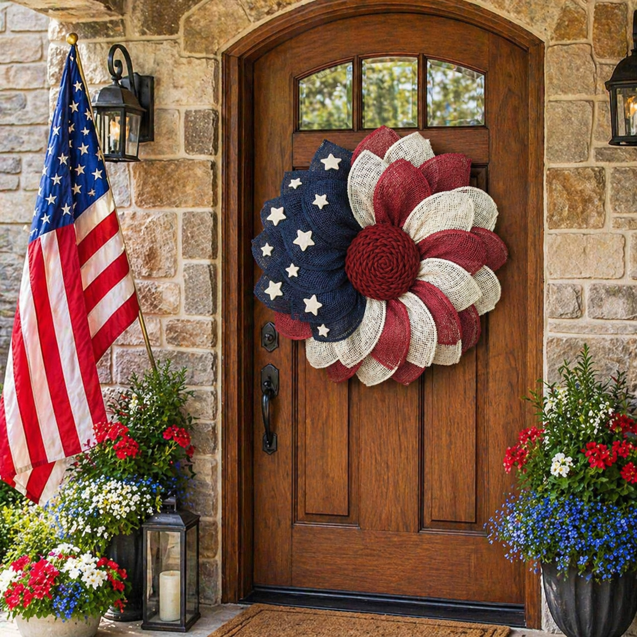 Patriotic Burlap Flower Wreath