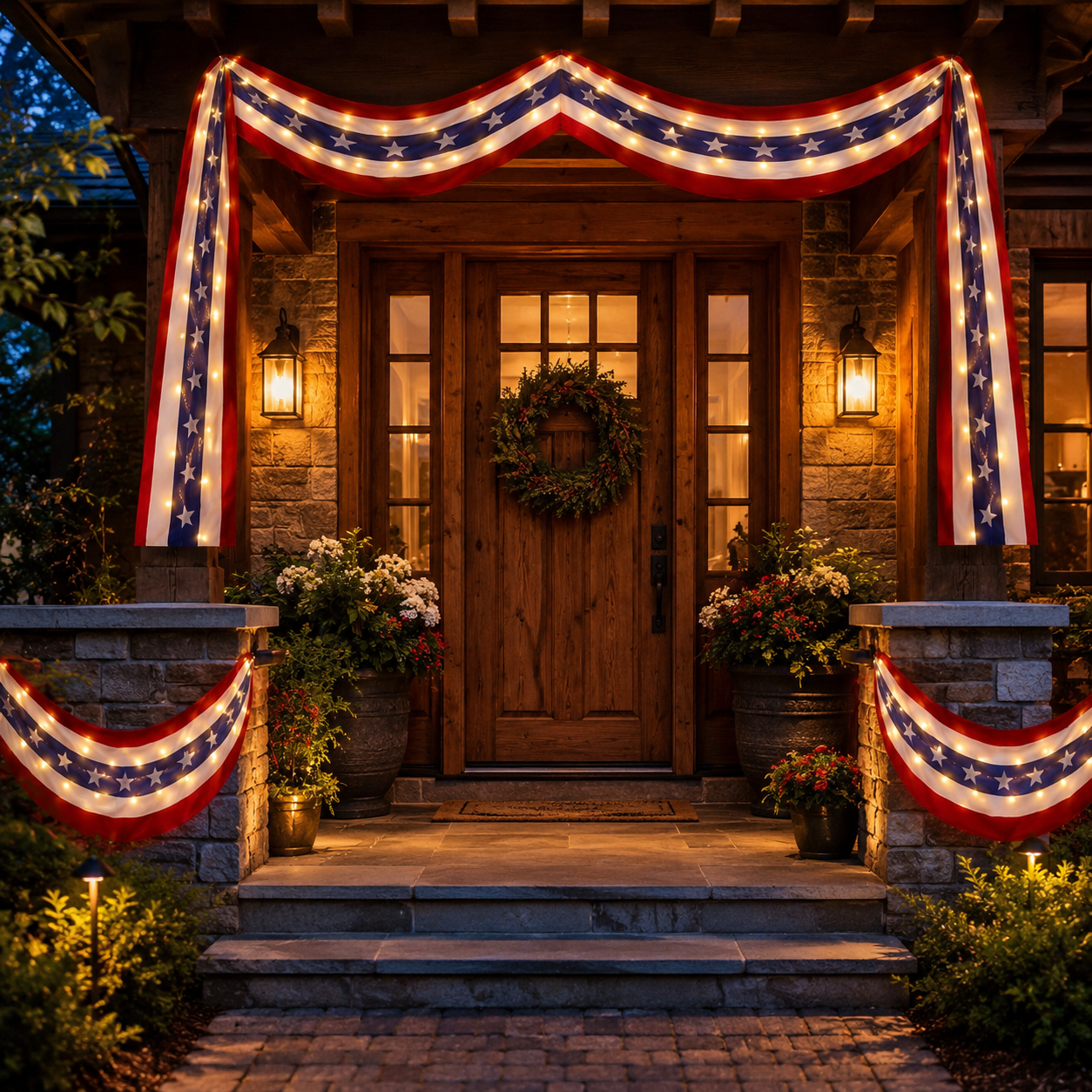 2-Pack Lighted Patriotic American Flag Bunting Banner For Outdoor 4th Of July Decor