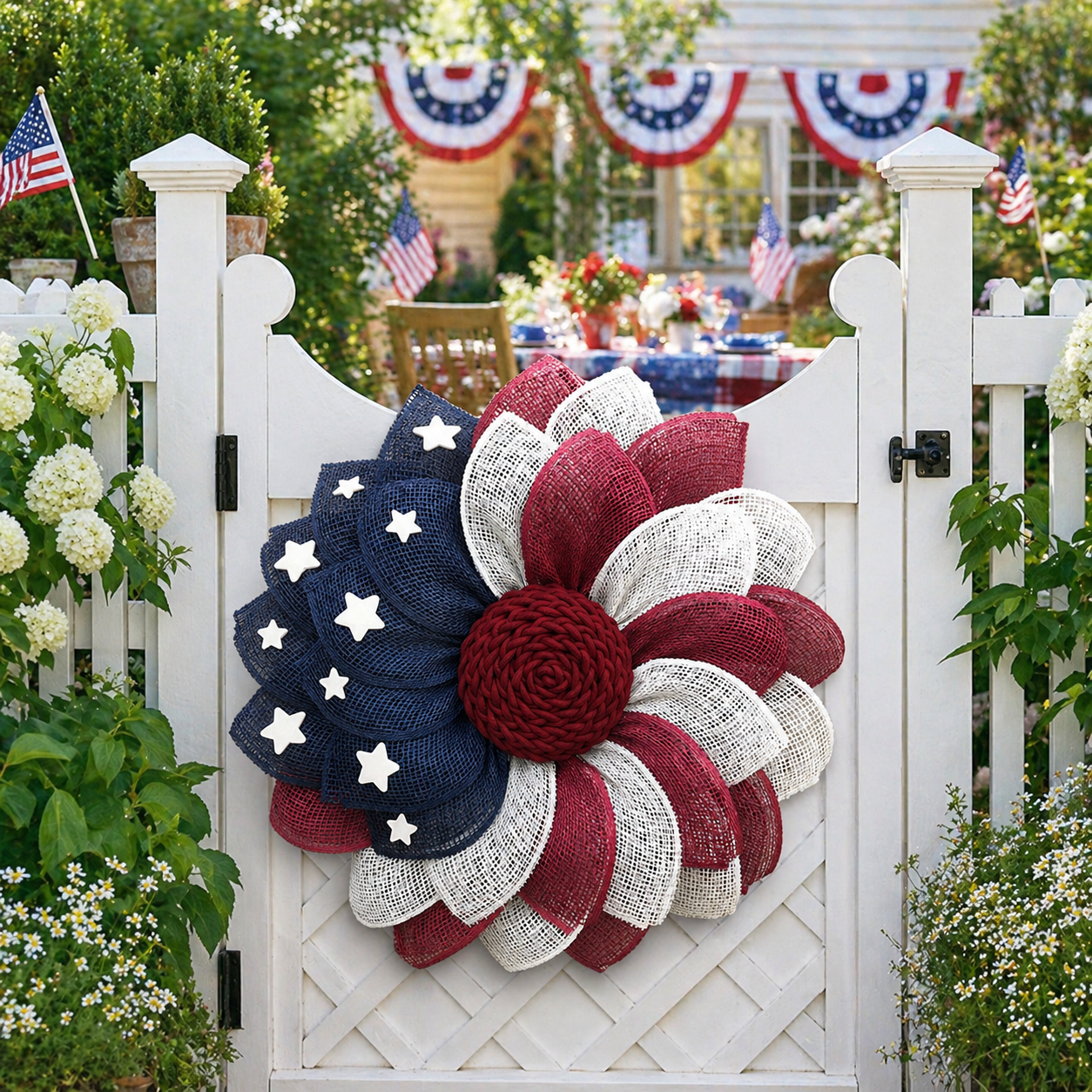 Patriotic Burlap Flower Wreath