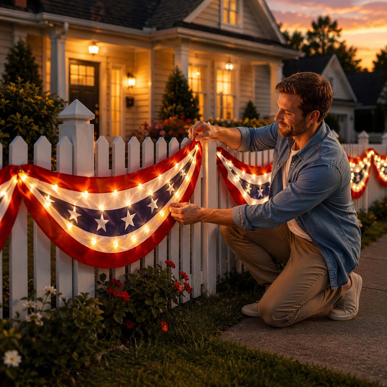 2-Pack Lighted Patriotic American Flag Bunting Banner For Outdoor 4th Of July Decor