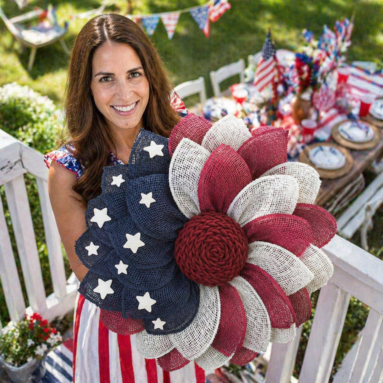 Patriotic Burlap Flower Wreath