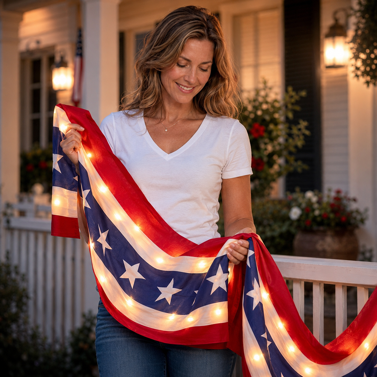 2-Pack Lighted Patriotic American Flag Bunting Banner For Outdoor 4th Of July Decor