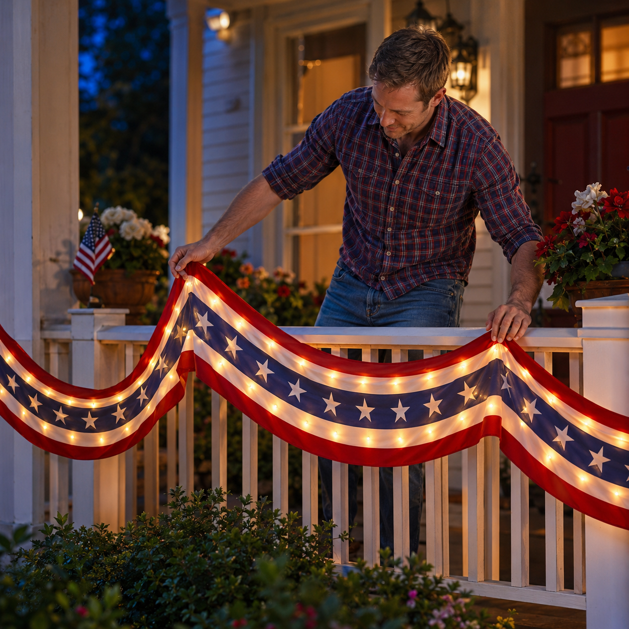 2-Pack Lighted Patriotic American Flag Bunting Banner For Outdoor 4th Of July Decor