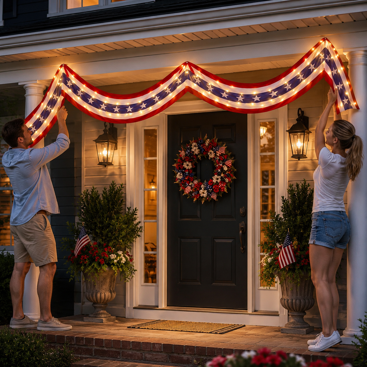 2-Pack Lighted Patriotic American Flag Bunting Banner For Outdoor 4th Of July Decor