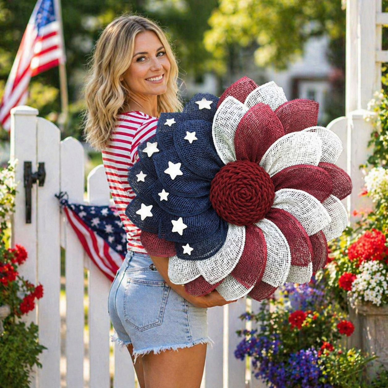 Patriotic Burlap Flower Wreath