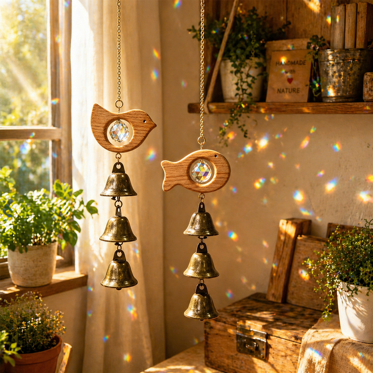 Wooden Bird & Fish Crystal Bell Wind Chime