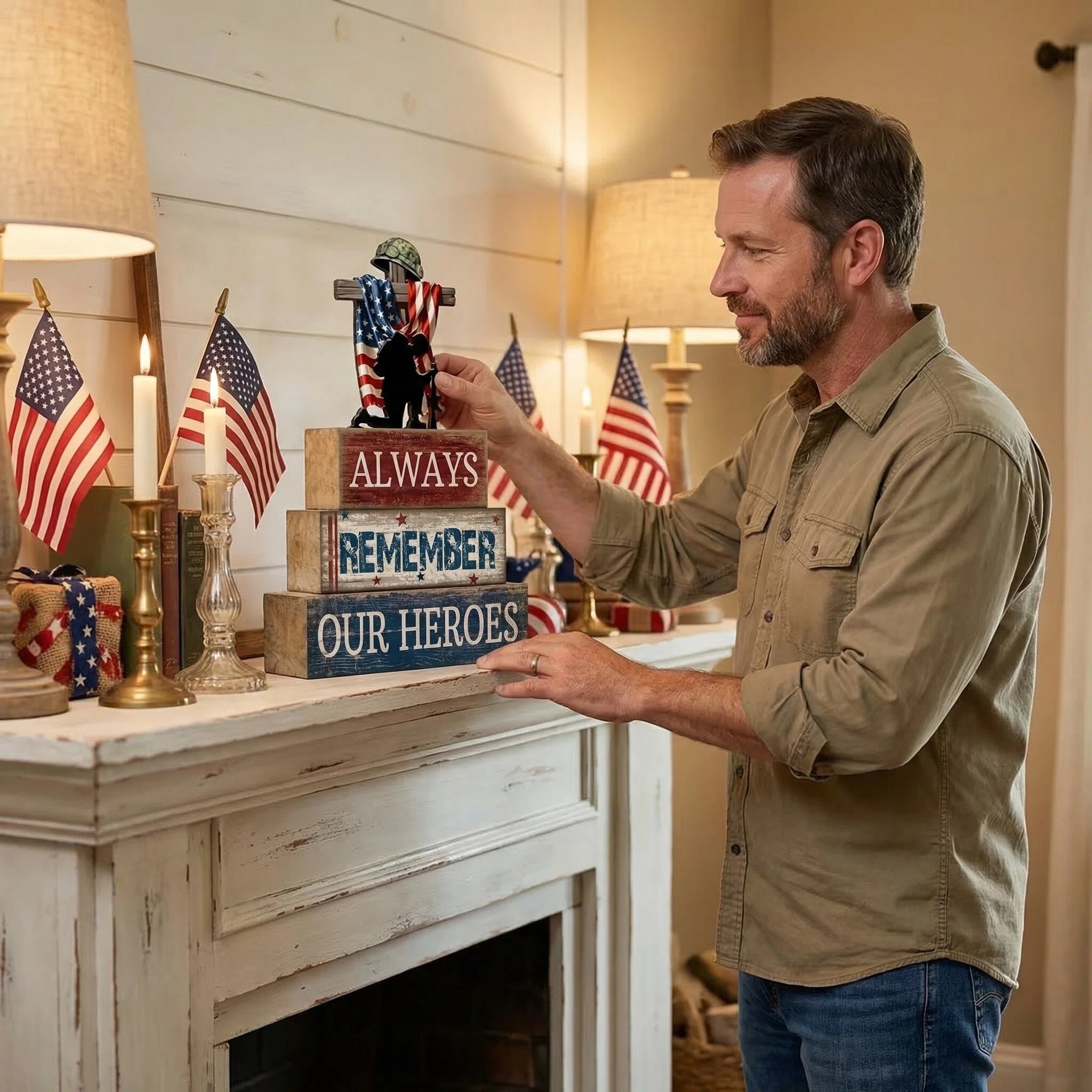 Always Remember Our Heroes Memorial Wooden Block Decor