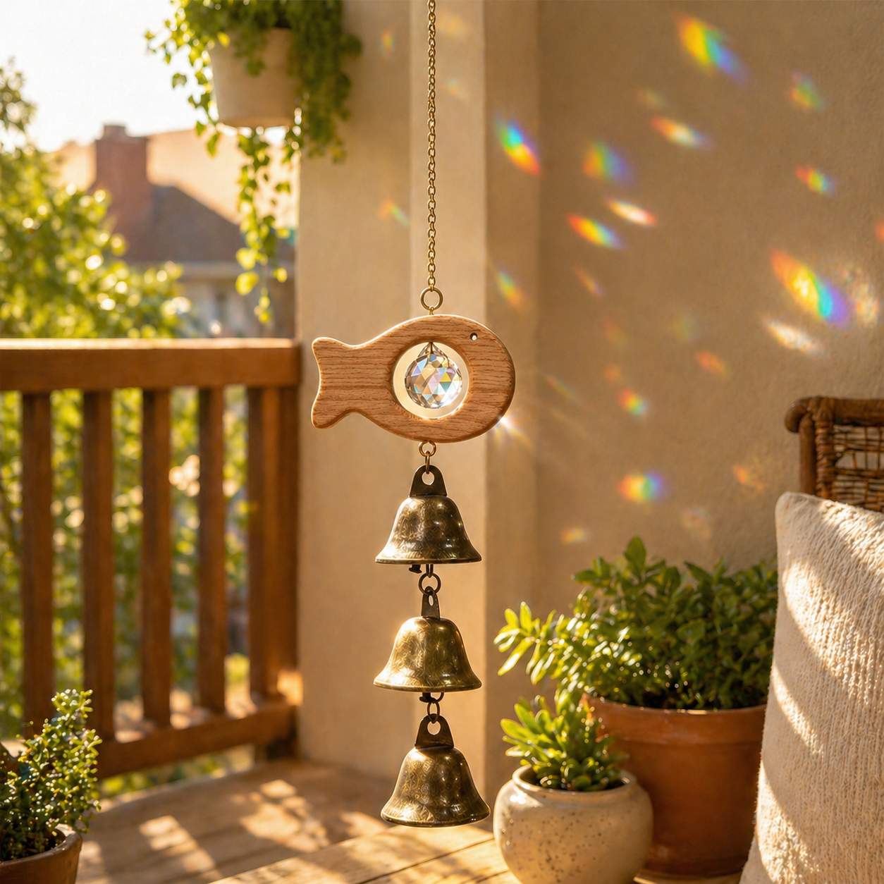 Wooden Bird & Fish Crystal Bell Wind Chime