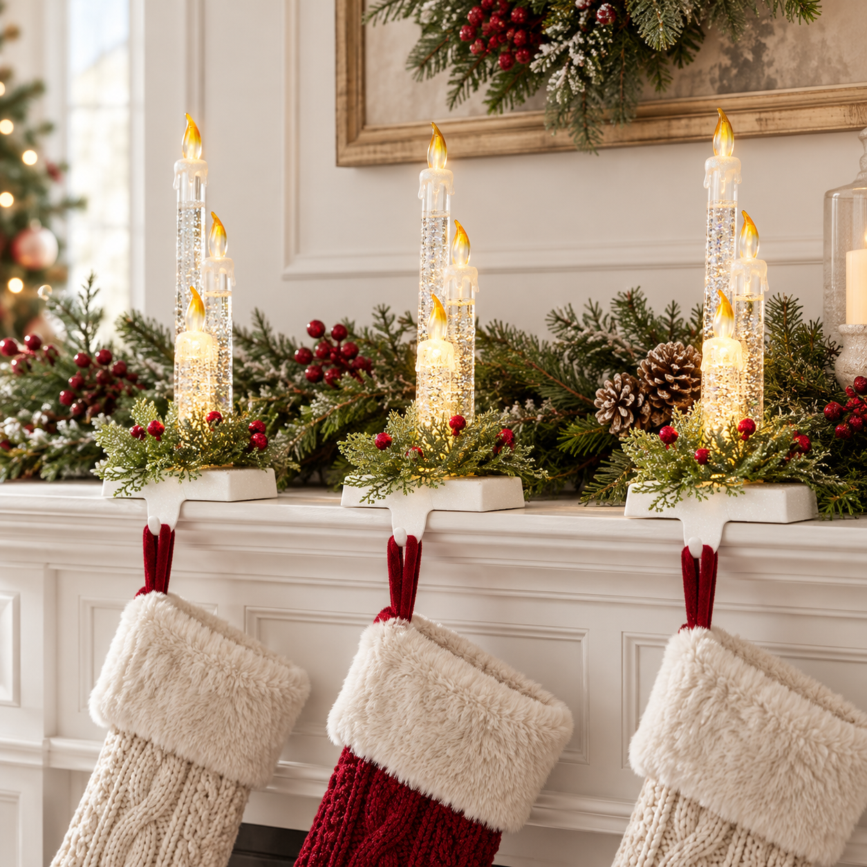 9" LED Lighted Candle Christmas Stocking Holder With Pine Sprigs