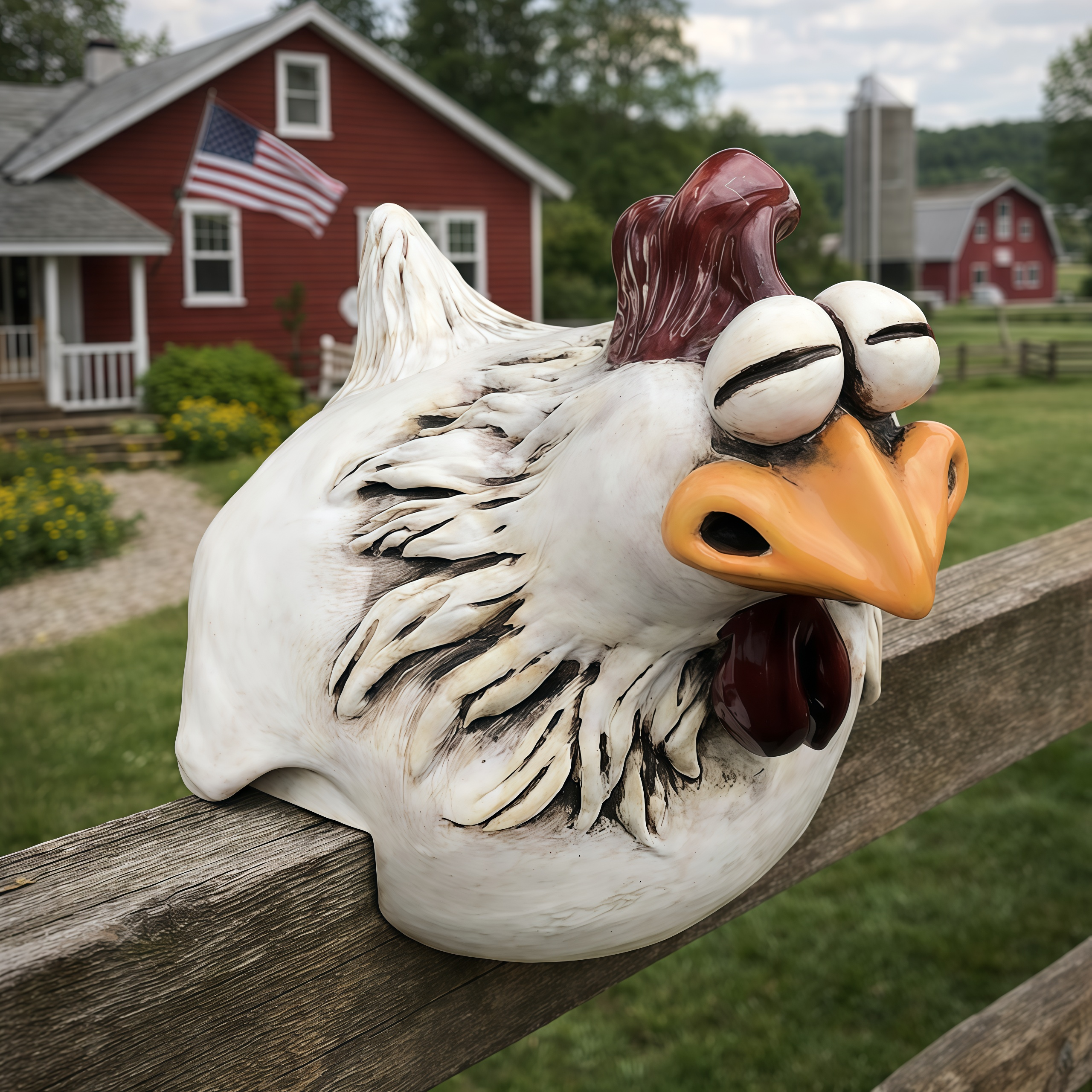 Resin Fence Chicken Sculpture