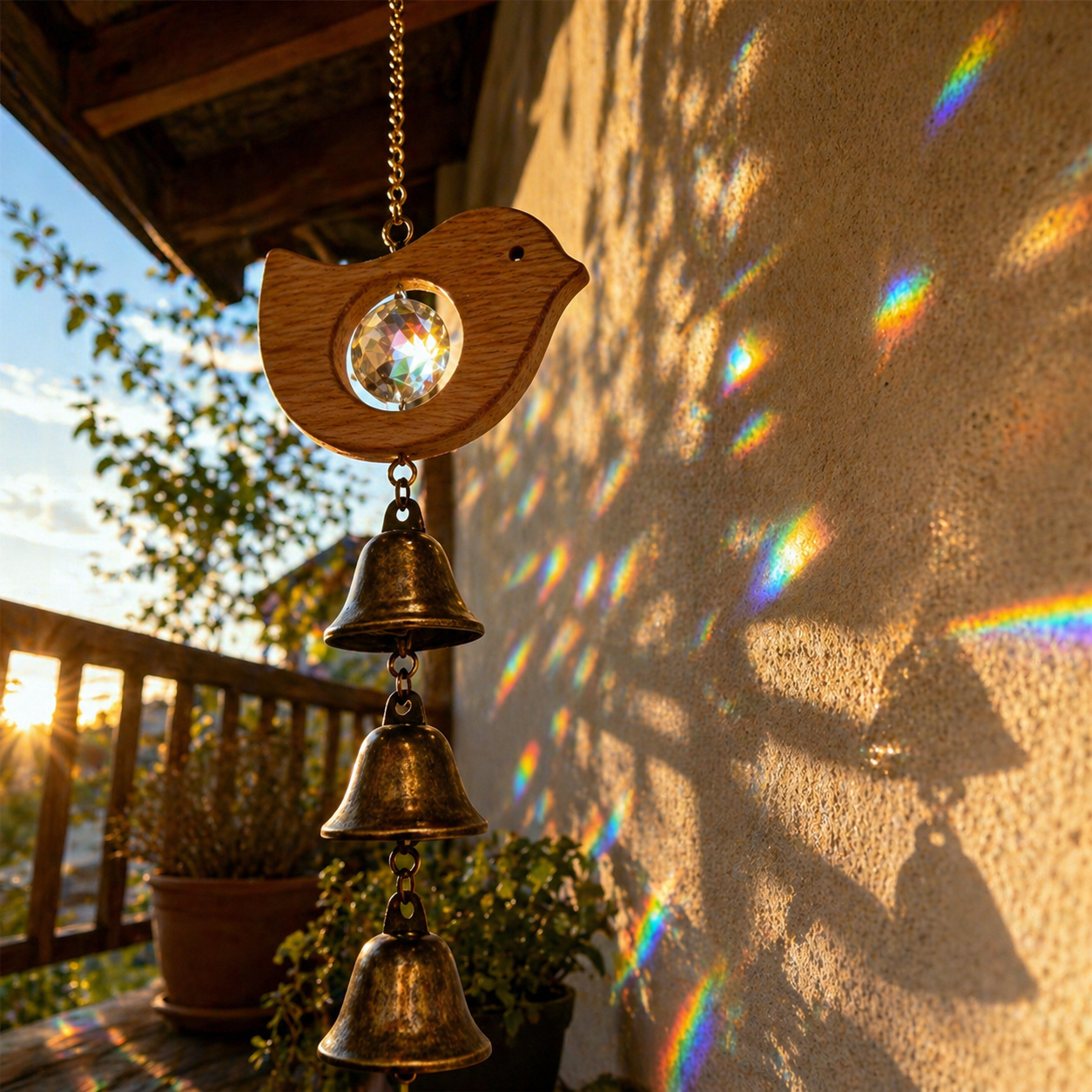 Wooden Bird & Fish Crystal Bell Wind Chime