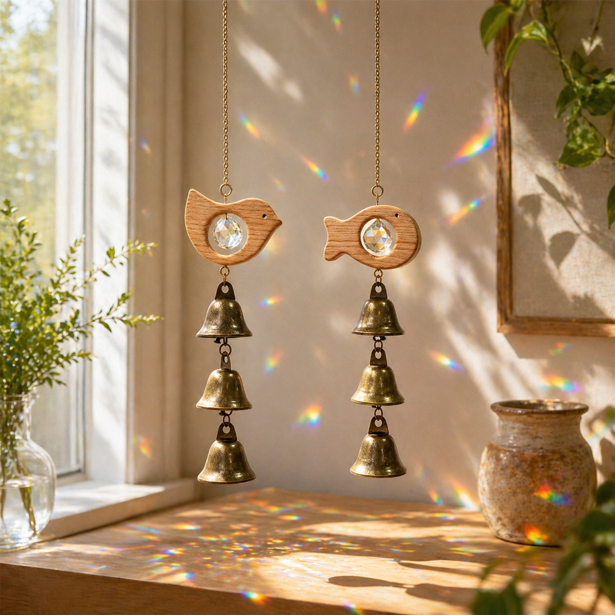 Wooden Bird & Fish Crystal Bell Wind Chime