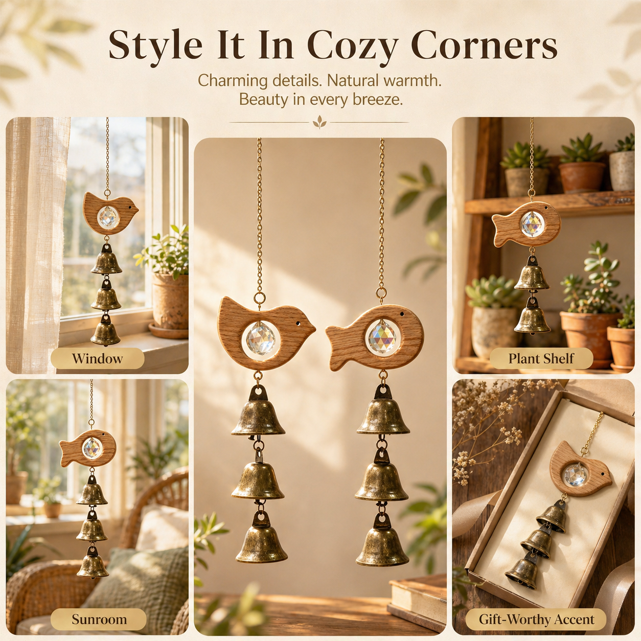 Wooden Bird & Fish Crystal Bell Wind Chime