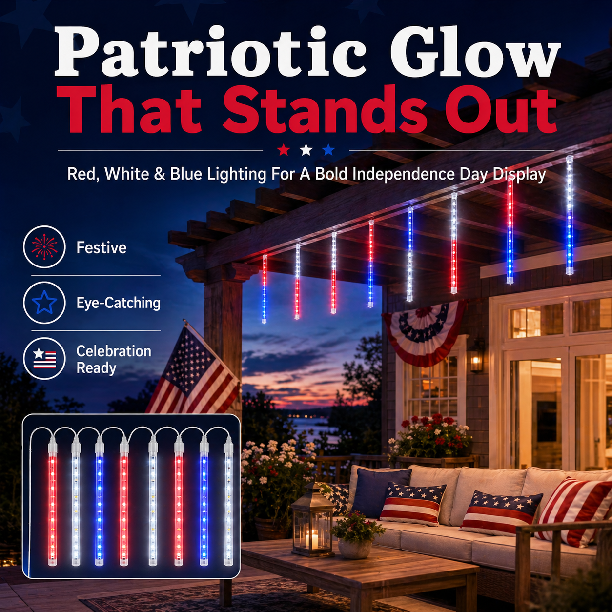 8 Tubes 144LEDs Red, White & Blue Solar Meteor Shower Lights