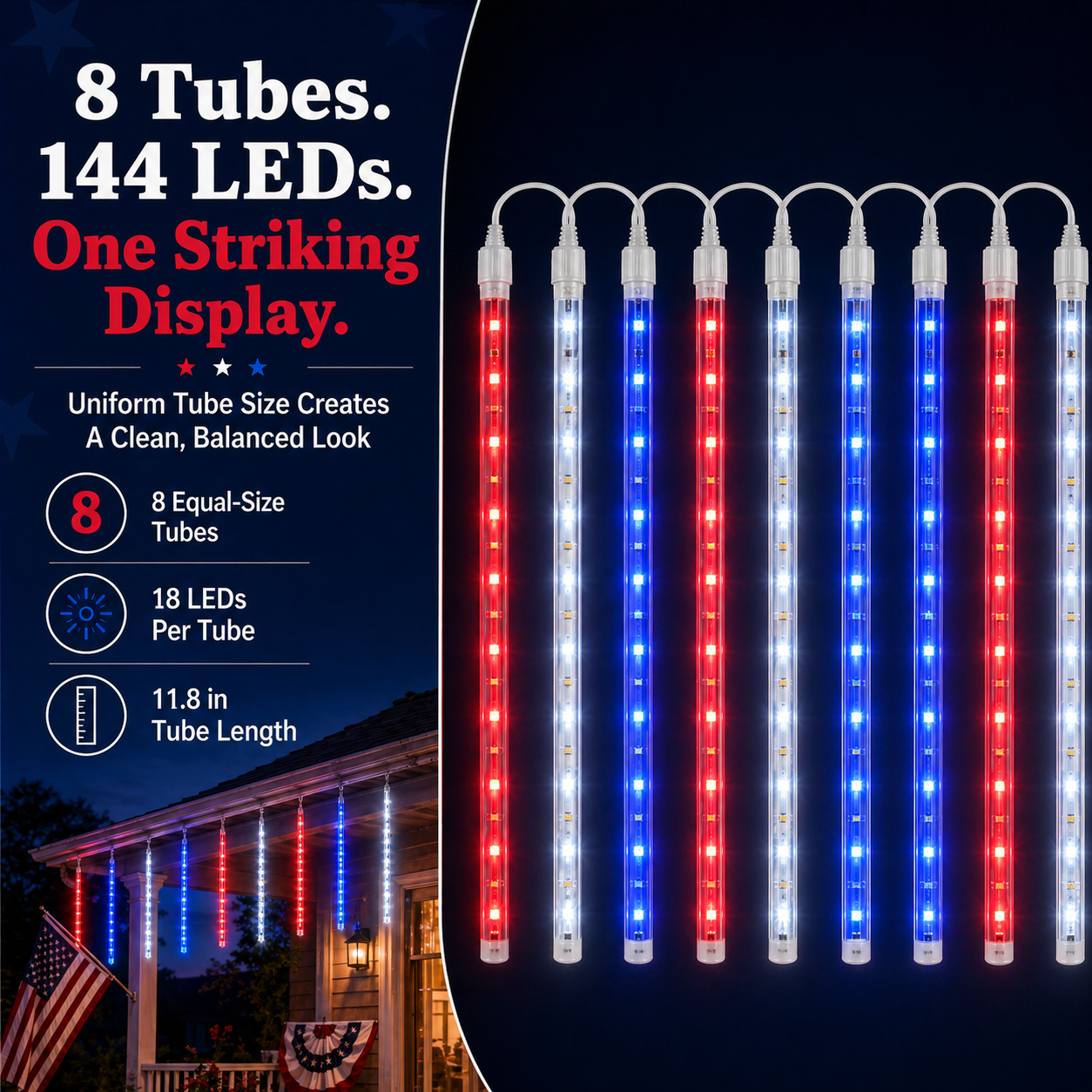 8 Tubes 144LEDs Red, White & Blue Solar Meteor Shower Lights