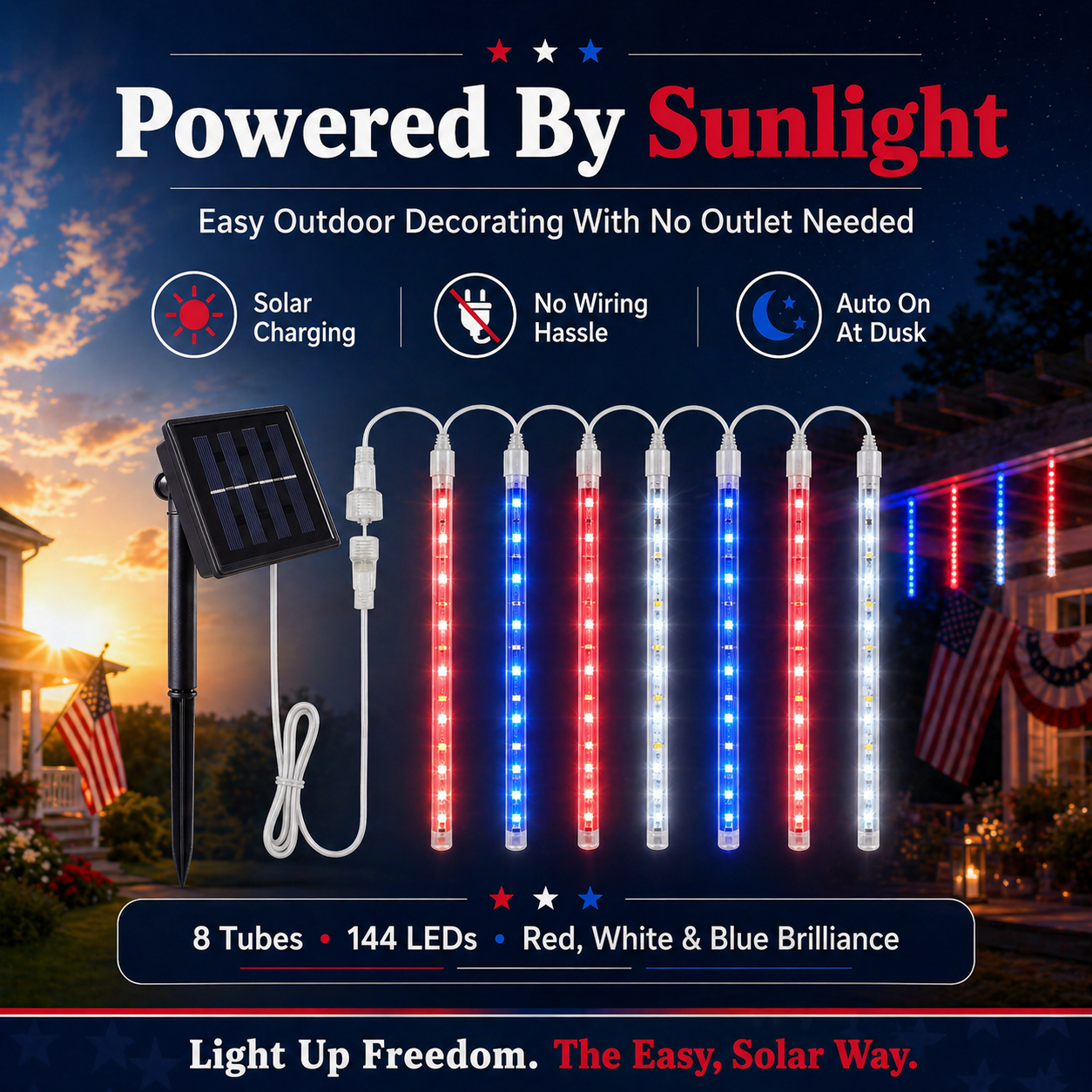 8 Tubes 144LEDs Red, White & Blue Solar Meteor Shower Lights