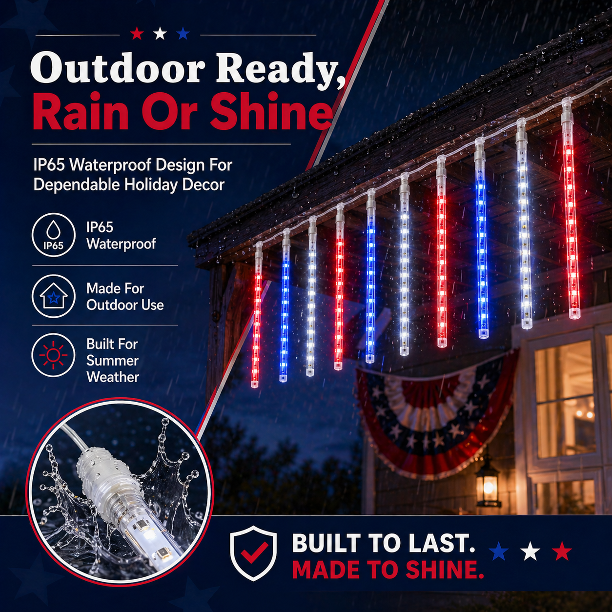8 Tubes 144LEDs Red, White & Blue Solar Meteor Shower Lights