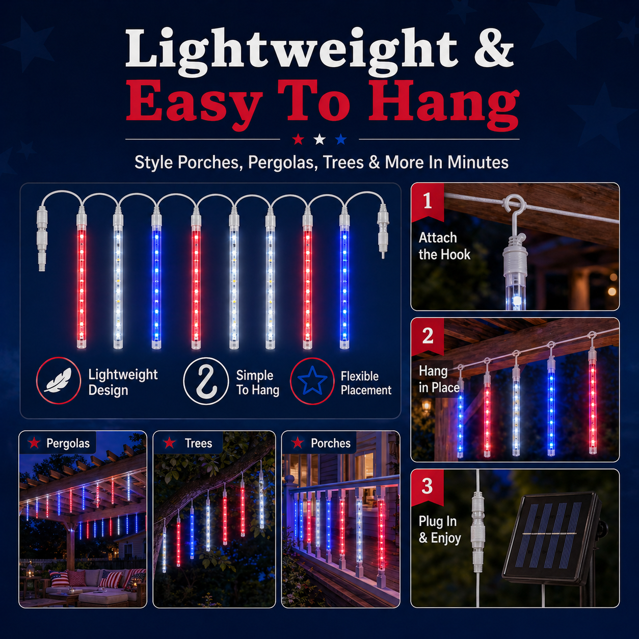 8 Tubes 144LEDs Red, White & Blue Solar Meteor Shower Lights