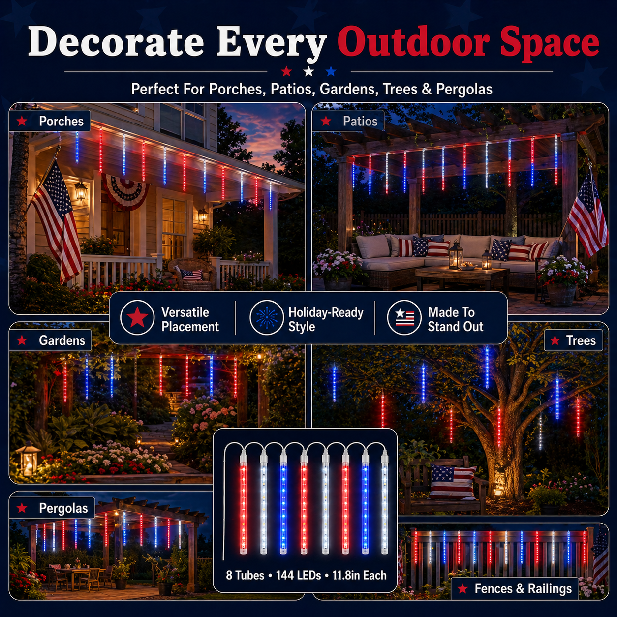 8 Tubes 144LEDs Red, White & Blue Solar Meteor Shower Lights